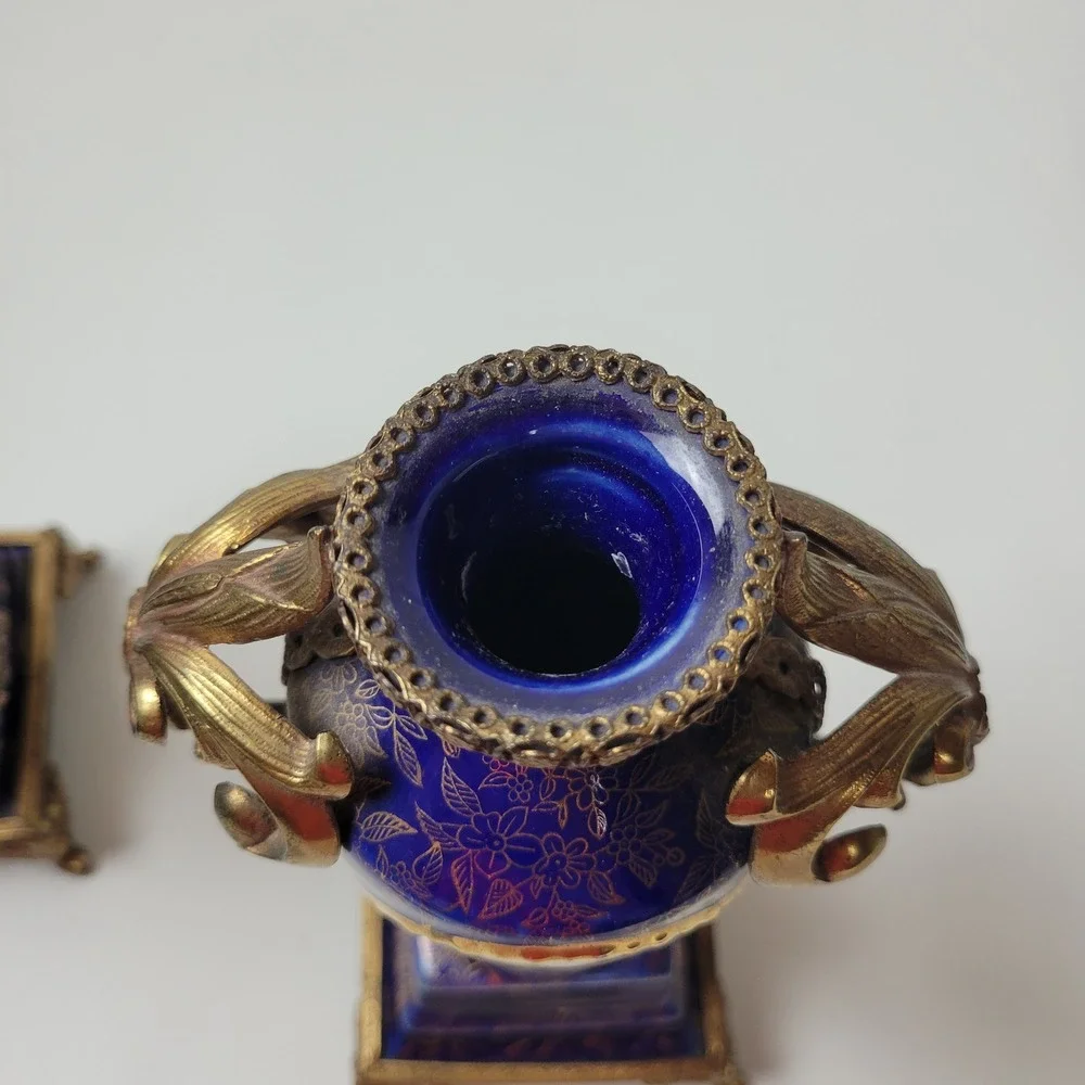 Empire Porcelain Cobalt Gold Gilded Urn Centerpiece 3pc Garniture Set England
